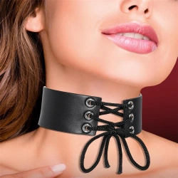 Широк кожен чокър с връзки Cinderella Wide Collar черен