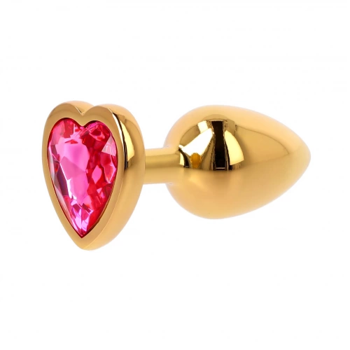 Малък метален анален разширител в златисто с розов кристал-сърце Gold Plug