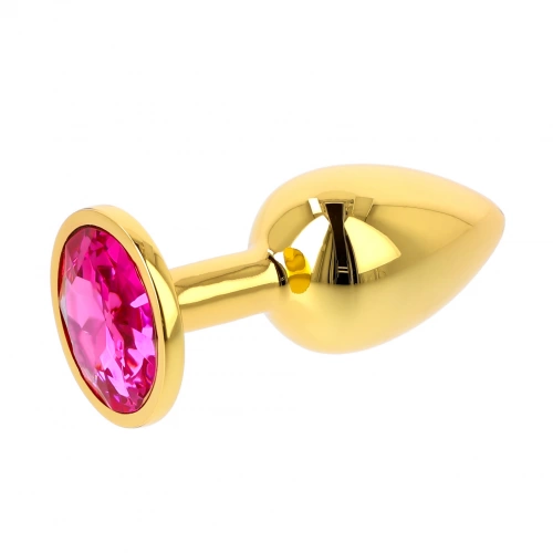 Малък метален анален разширител в златисто с розов кристал Gold Plug